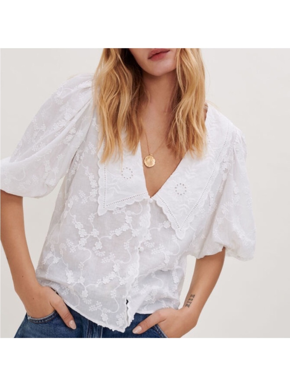 White Embroidered Eyelet Puff-Sleeve Blouse with Scalloped Collar